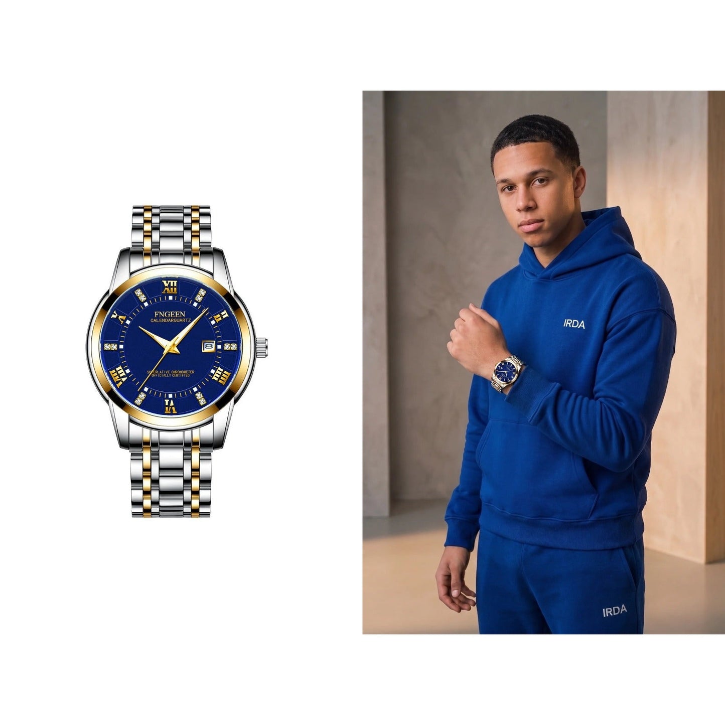 Two-tone steel watch, blue dial, shown alone and on the wrist