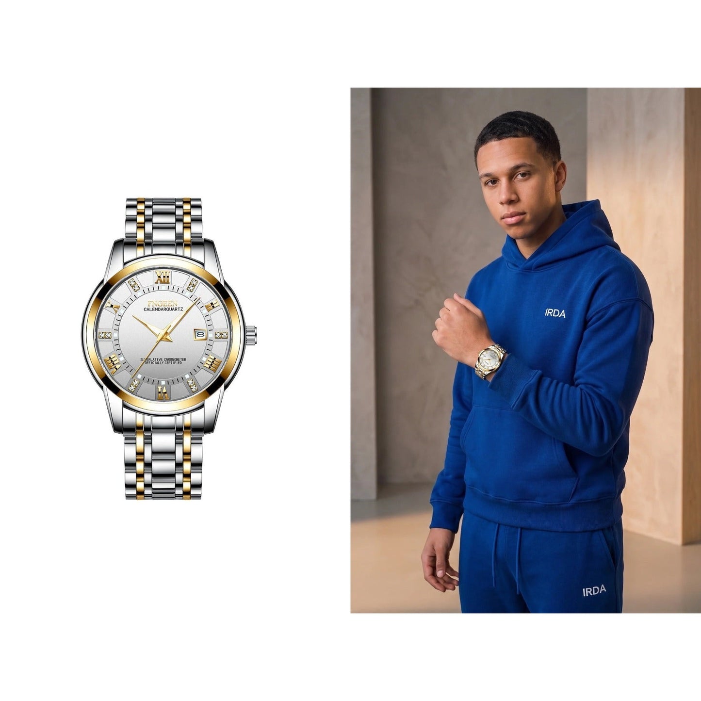 Two-tone steel watch, white dial, shown alone and on the wrist