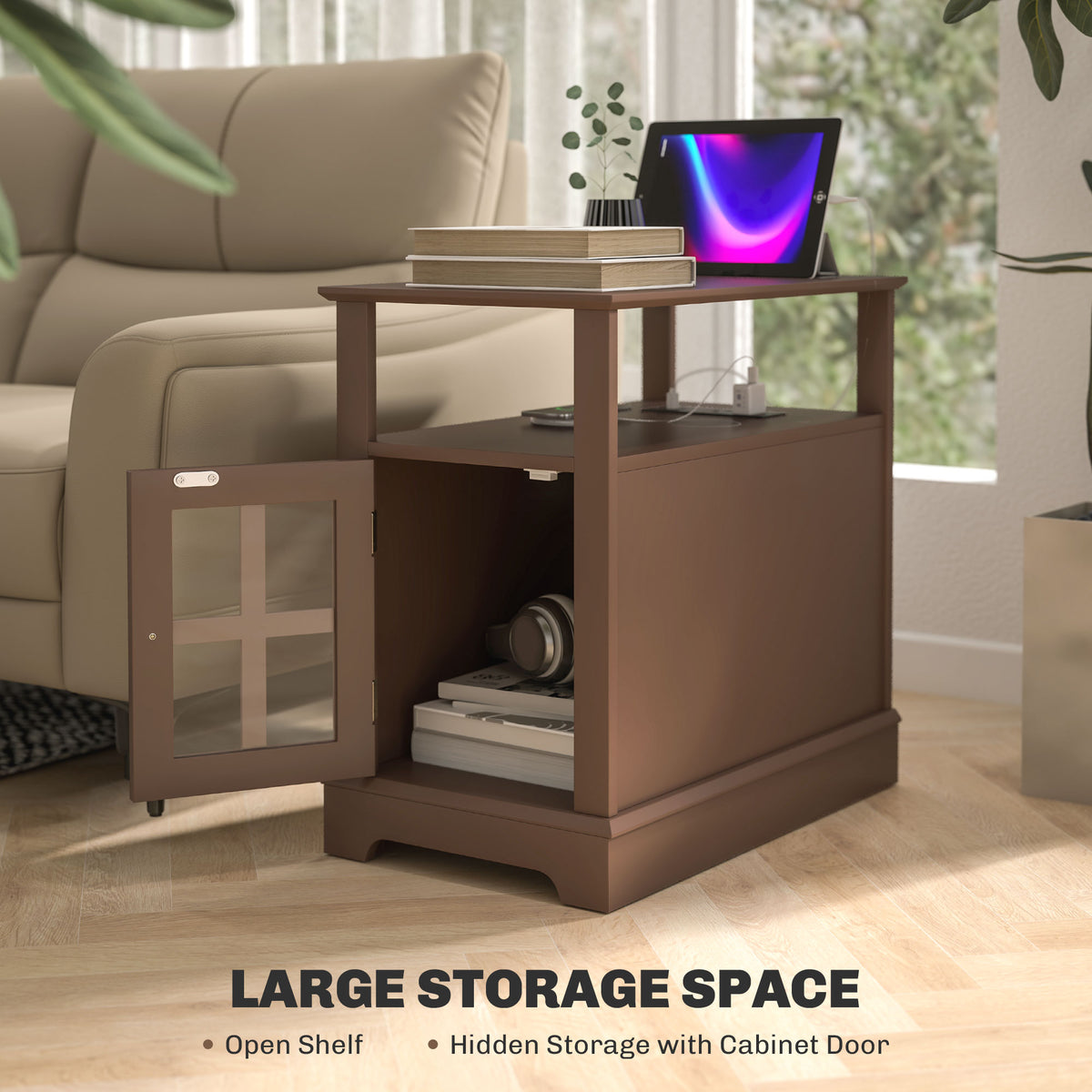 Open shelf and hidden cabinet storage