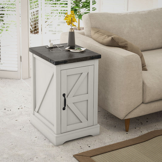 Distressed white farmhouse end table beside a sofa