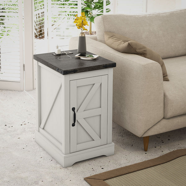 Distressed white farmhouse end table beside a sofa