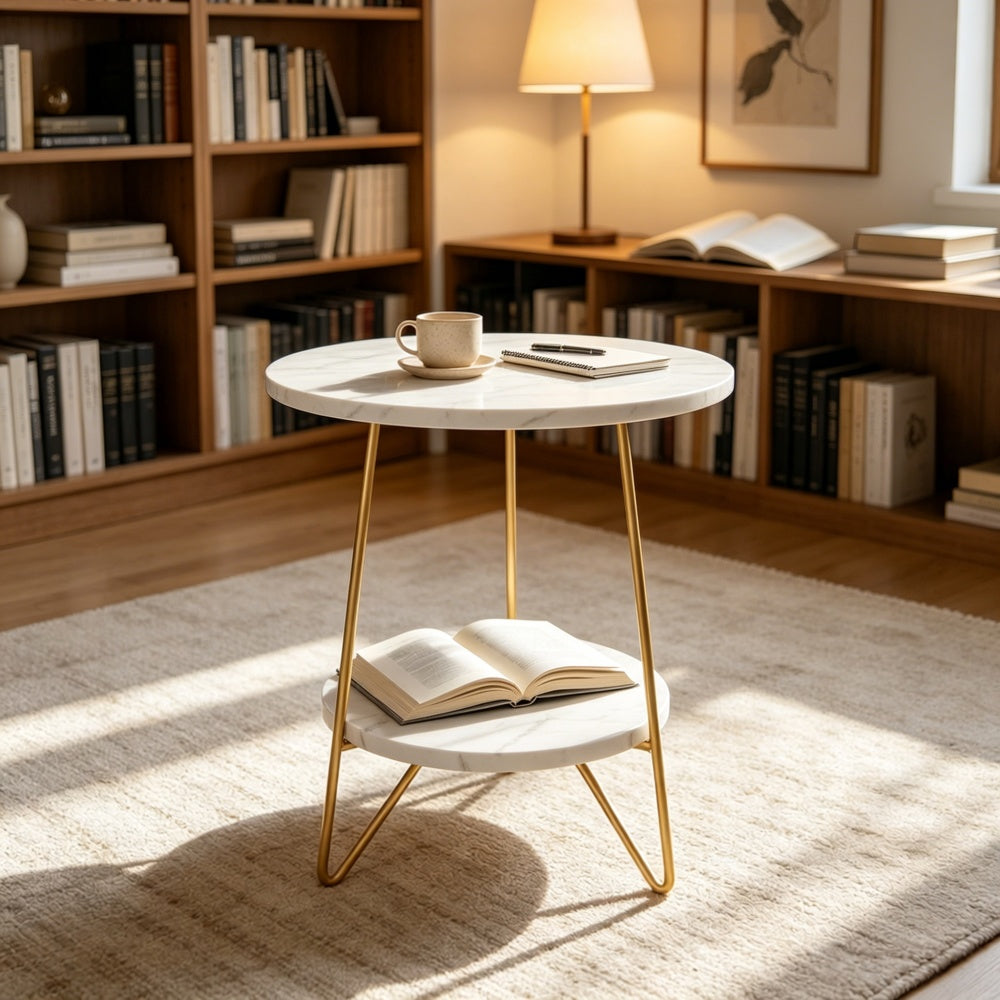 Round white end table with gold legs