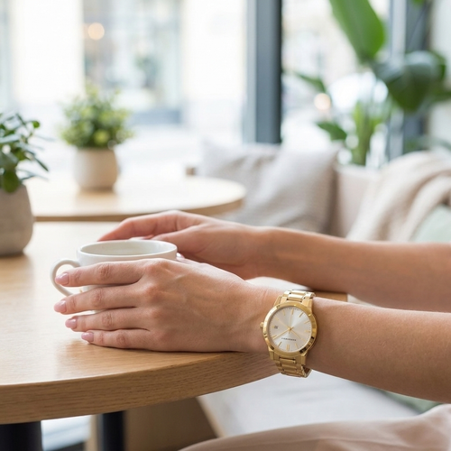 CURREN Gold White dial on wrist coffee cup