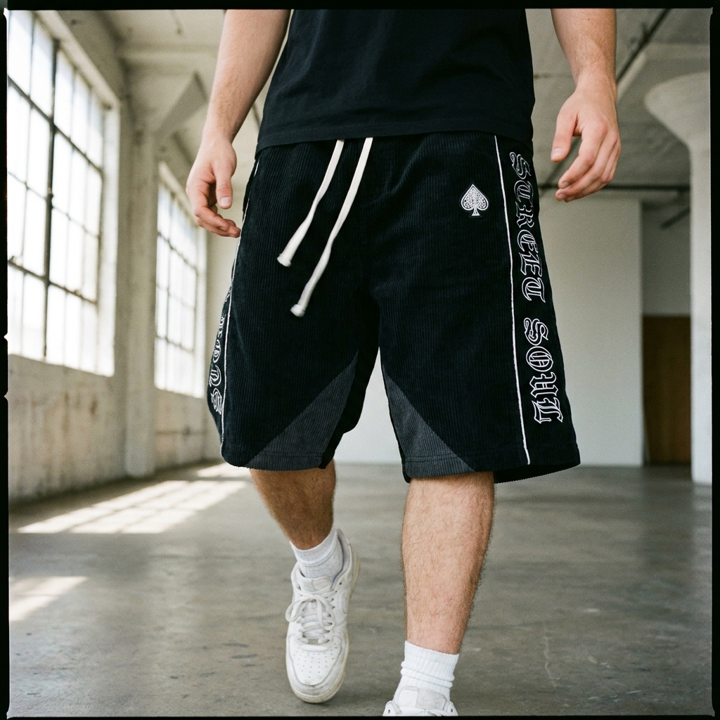 Black corduroy street shorts worn with black tee and white sneakers
