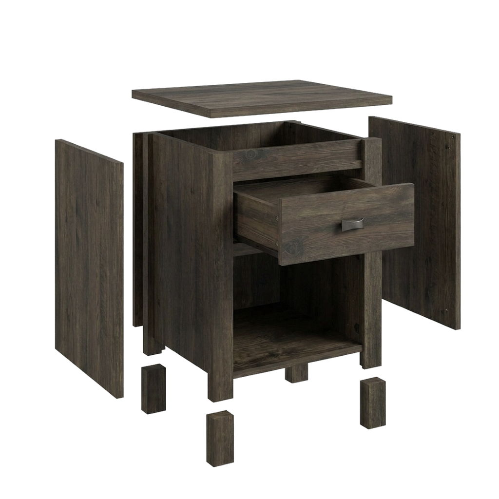Rustic nightstand, exploded view illustration