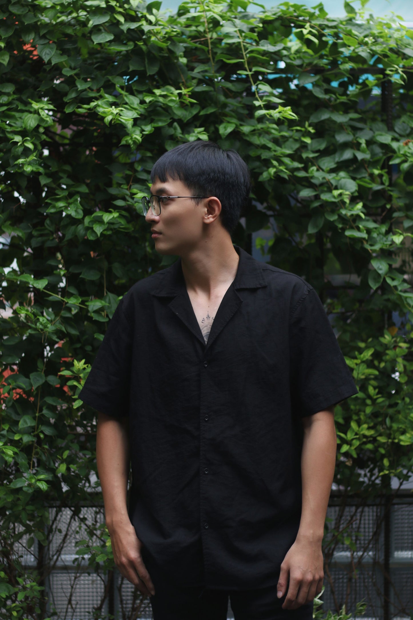 Black linen Cuban collar shirt