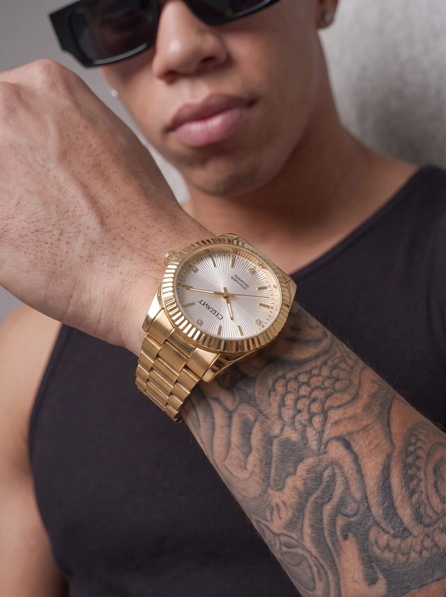 Men's Gold Dress Watch – Fluted Bezel, Steel Bracelet